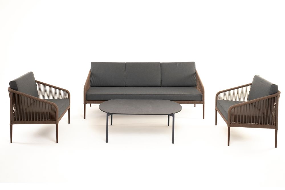 "Канны" лаунж-зона 5-местная из роупа со столом "Верона" (серый гранит), каркас алюминиевый коричневый, роуп коричневый