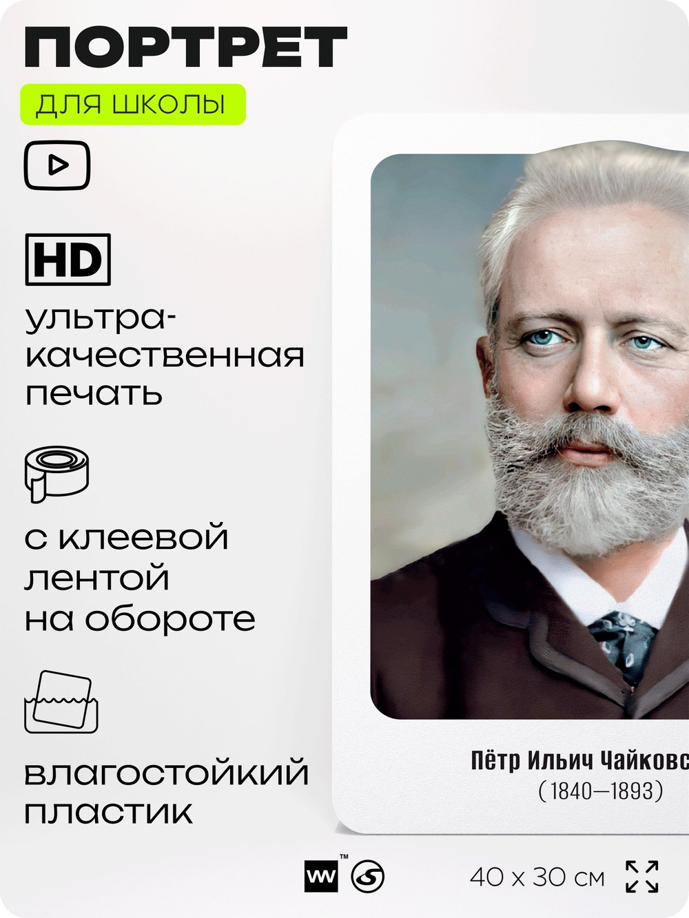 Портрет для школы в кабинет музыки "Чайковский Петр Ильич", стенд школьный для класса, деятели науки для оформления классного уголка, 40х30 см, Silver Plane x Айдентика Технолоджи