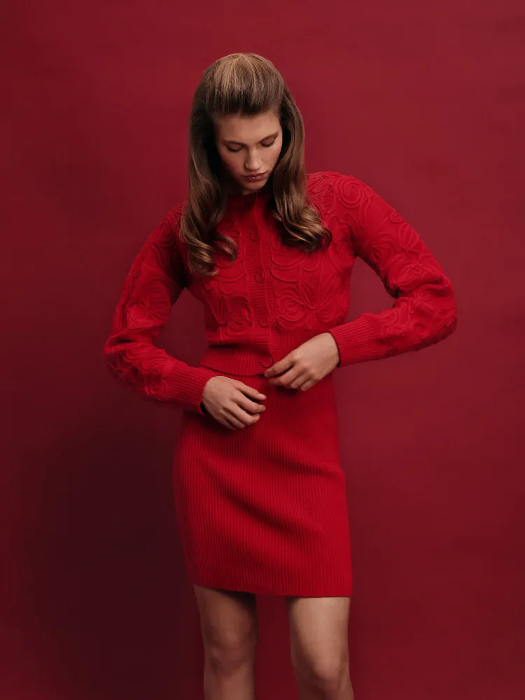 Maryl-Donna mini, вязанный комплект, свитер и юбка мини из красного хлопка