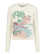 Женский свитер Dior Souvenir Embroidered Sweater из белого кашемира 100% с многоцветной вышивкой «Portofino» — весна‑лето 2025
