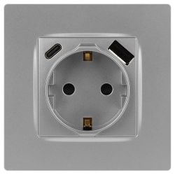 Розетка ЭРА Серия 12 12-4108-03 2P+E 16A-250В со шторками с USB type-A+C 5В-3А алюминий