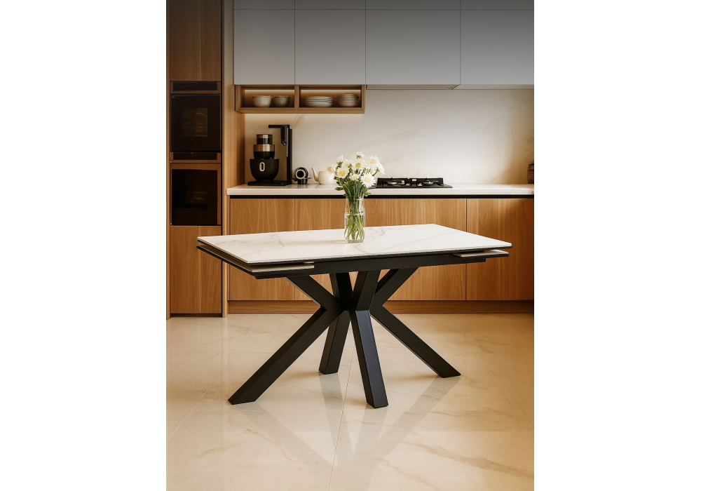 Керамический стол Woodville Бронхольм 140(200)х80х77 белый мрамор, черный, ножки черные