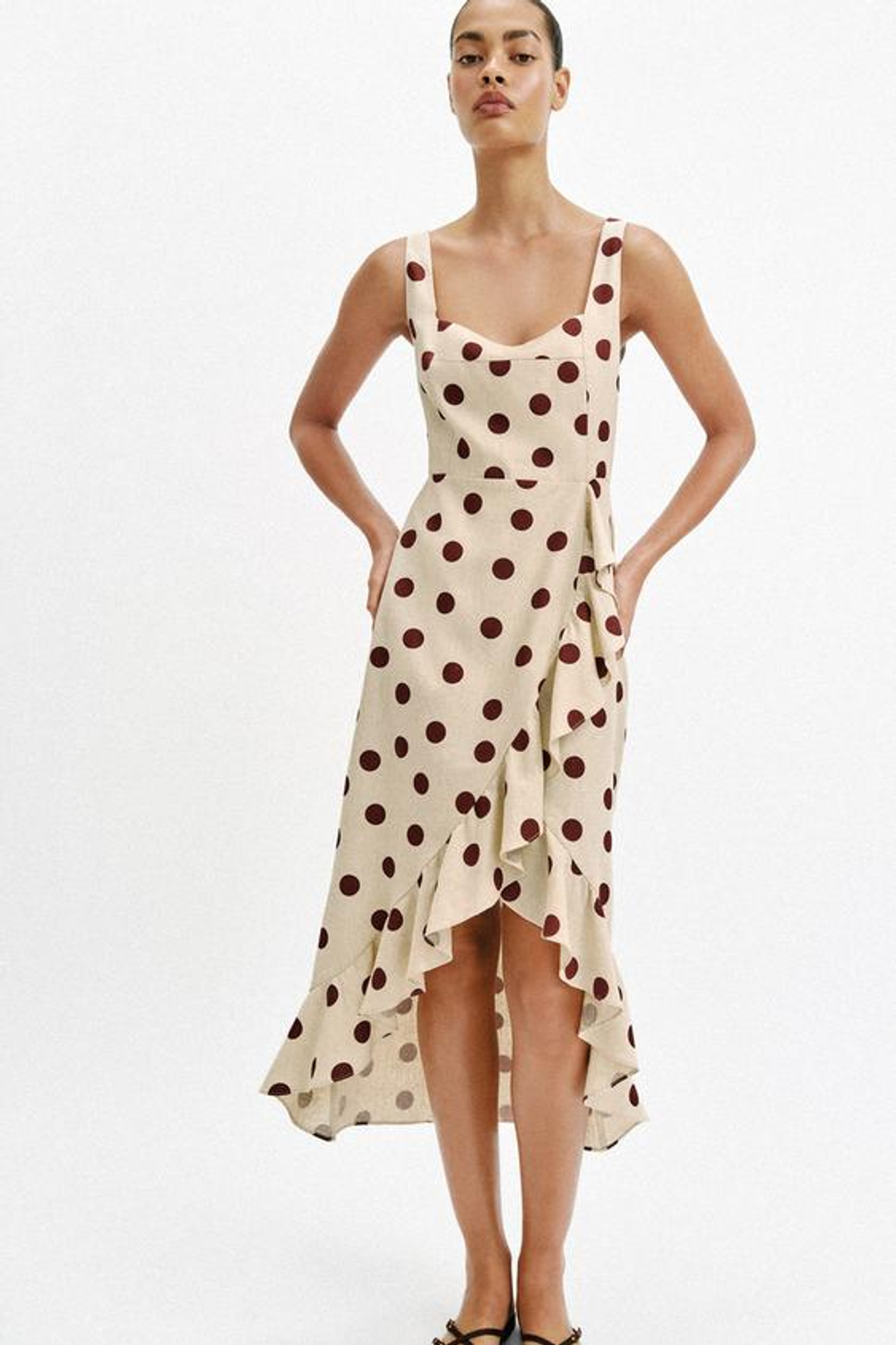 ZARA ПЛАТЬЕ МИДИ В ГОРОШЕК ИЗ СМЕСОВОГО ЛЬНА, ЭКРЮ