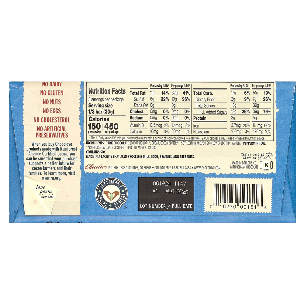 Chocolove, черный шоколад с перечной мятой, 55% какао, 90 г (3,2 унции)