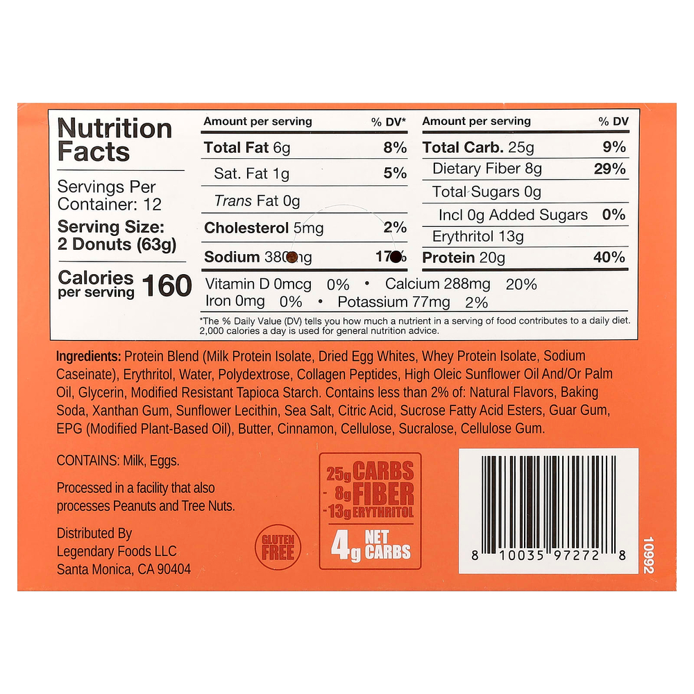 Legendary Foods, протеиновые пончики, корица и крамбл, 12 упаковок по 63 г (2,2 унции)