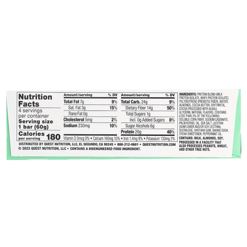 Quest Nutrition, протеиновый батончик, мята и шоколадная крошка, 4 шт. по 60 г (2,12 унции)