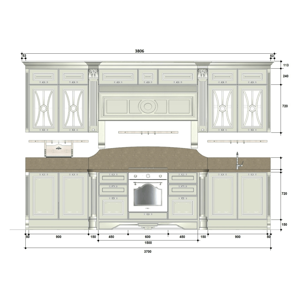 Комплект кухонной мебели с островом Pantheon, цвет белый, комплект бытовой техники включает в себя встраиваемую вытяжку, смеситель, духовой шкаф и варочную поверхность, 49450/2
