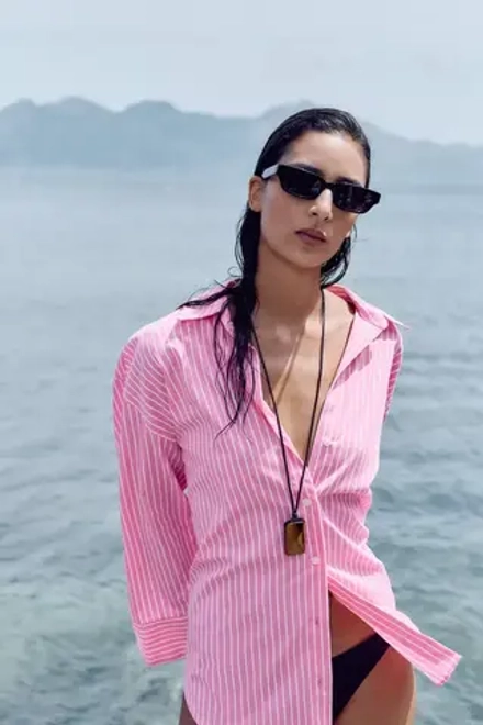 ZARA РУБАШКА ИЗ ПОПЛИНА, РОЗОВЫЙ