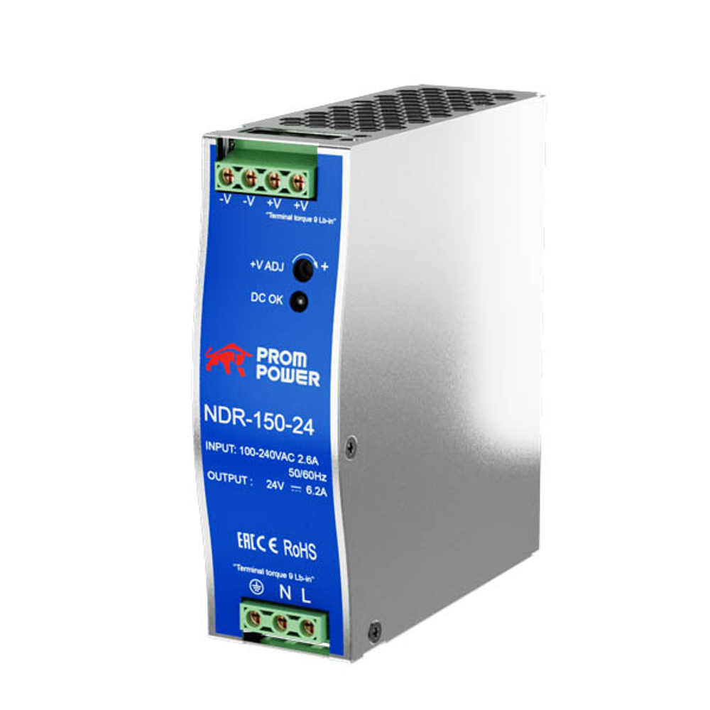 Источник питания NDR-150-24, на выходе 24 В DC, 6.2 А, 150 Вт. Входное  85-264 В AC (120-370 В DC)