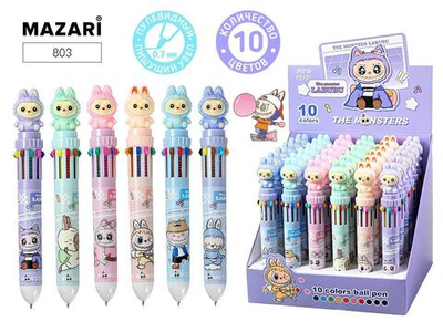 Ручка шарик. автомат 10цв. 0.7мм. "Зубастик" cмен.стержень 68 мм. корп.цветн, ассорти 6диз. 803 Maza