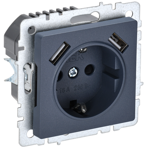 BRITE Розетка 1-местная с заземлением с защитными шторками 16А с USB A+A 5В 2,1А РЮш10-1-БрМ маренго IEK