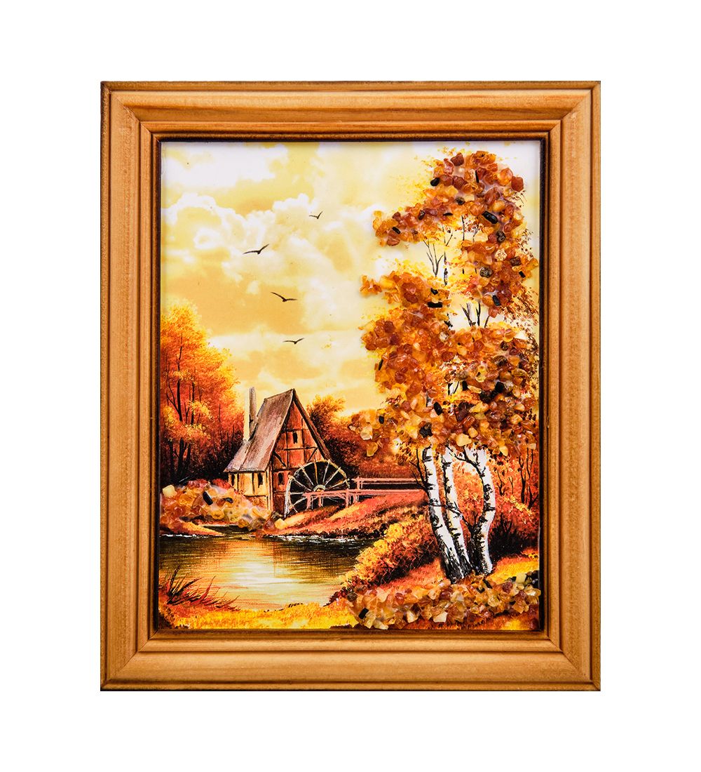 AMB-74/67 Картина «Мельница у озера» (с янтарной крошкой) дер.краш.рамка 12х15