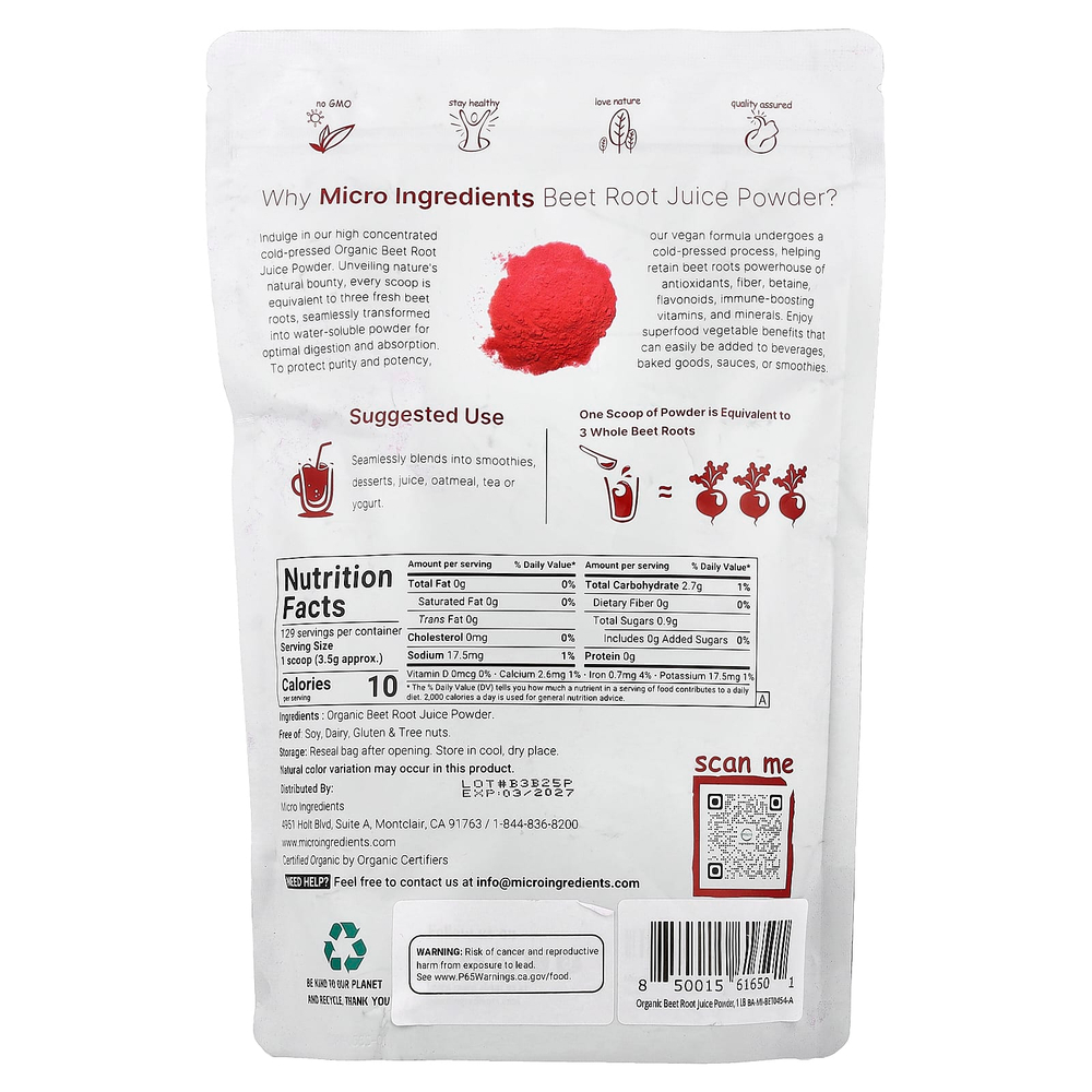 Micro Ingredients, Порошок из органического свекольного сока, 454 г (1 фунт)