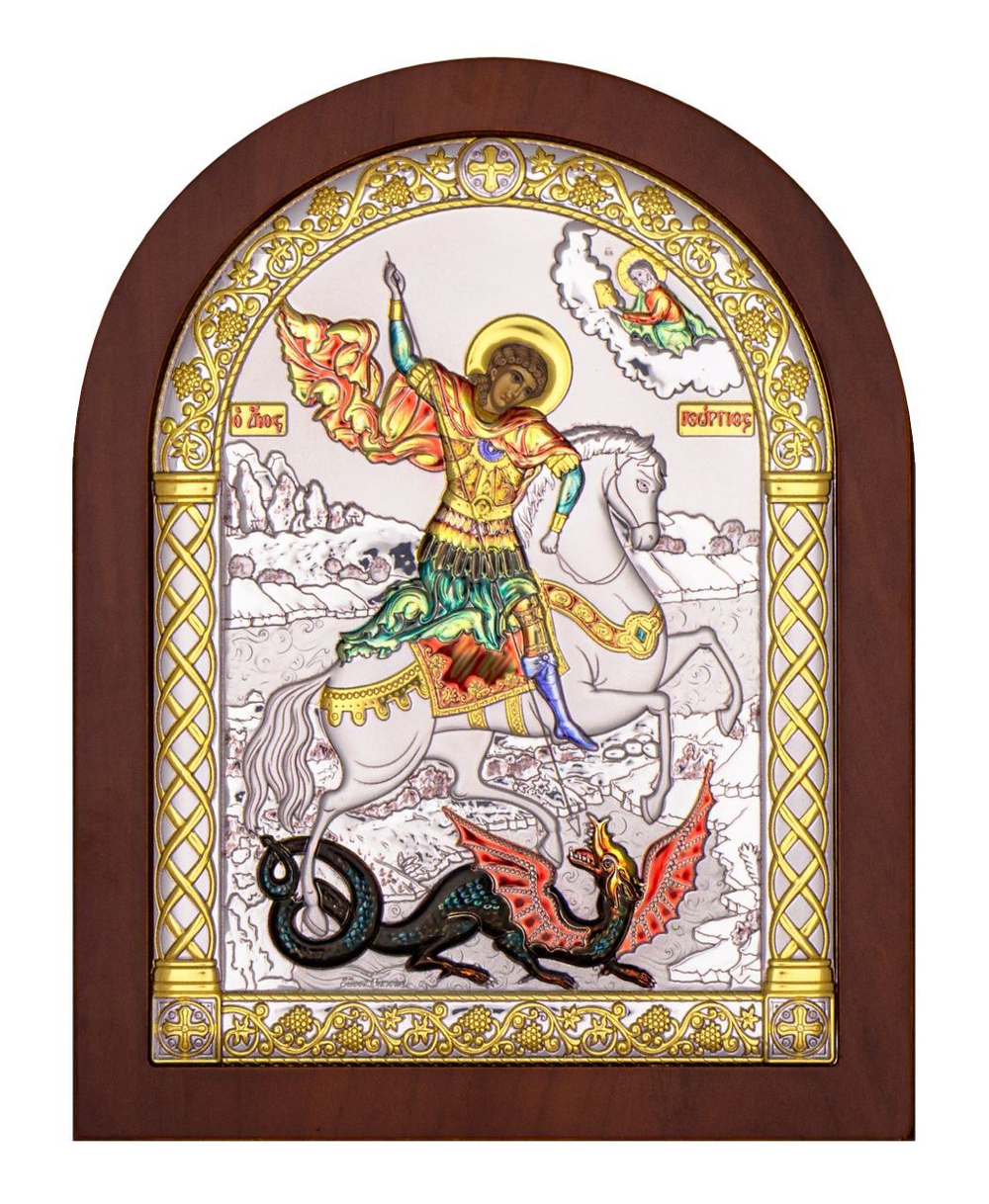 Георгий Победоносец, икона арочная, красное дерево, эмаль 150х200