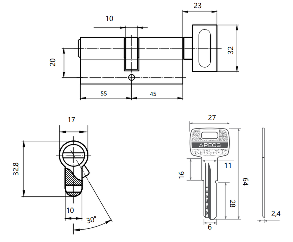 Цилиндровый механизм Apecs SM-100(45С/55)-C-NI