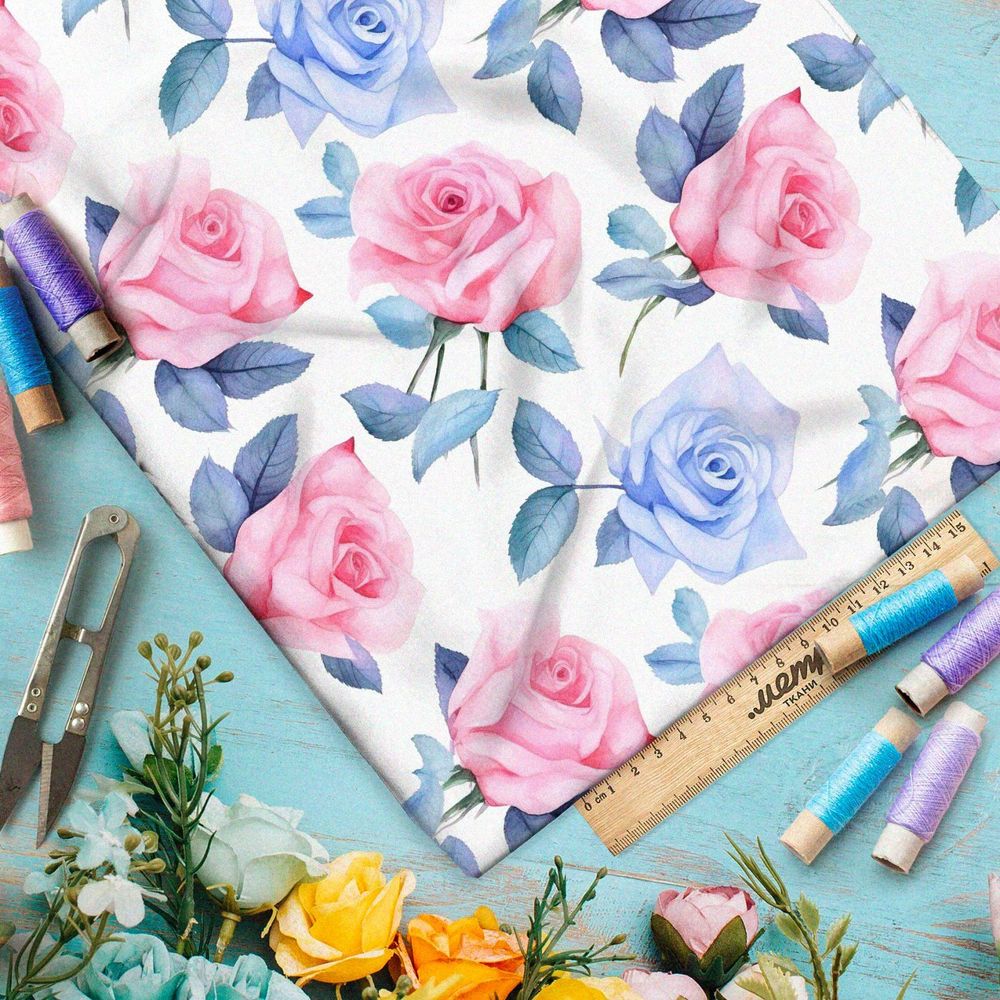 Ткань премиум сатин нежные акварельные розы
