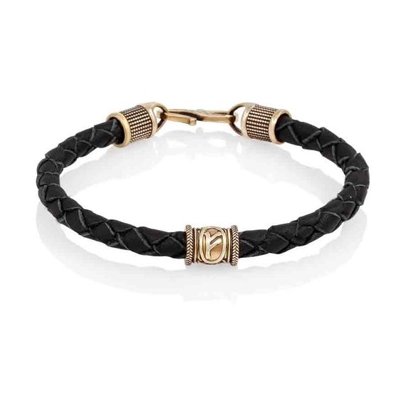 Браслет гайтан черный 5 мм с руной Феху Бронза, вид 1