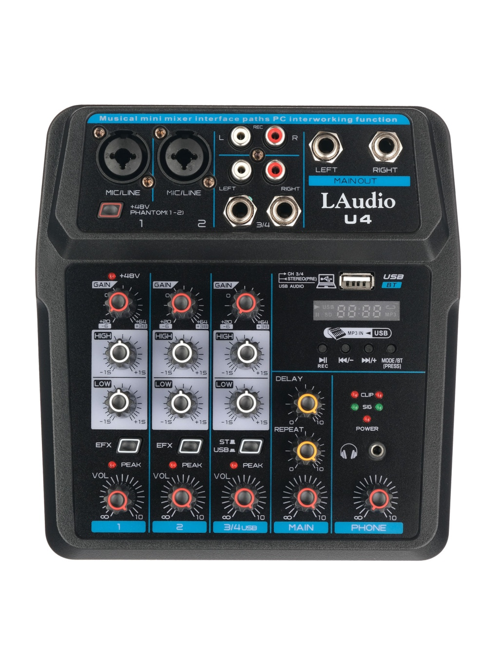 LAudio U4 Микшерный пульт, 4 канала. 2 моно + 2 стерео входа. MP3-плеер с функцией записи. Подключение Bluetooth. Фантомное питание +48 В.
