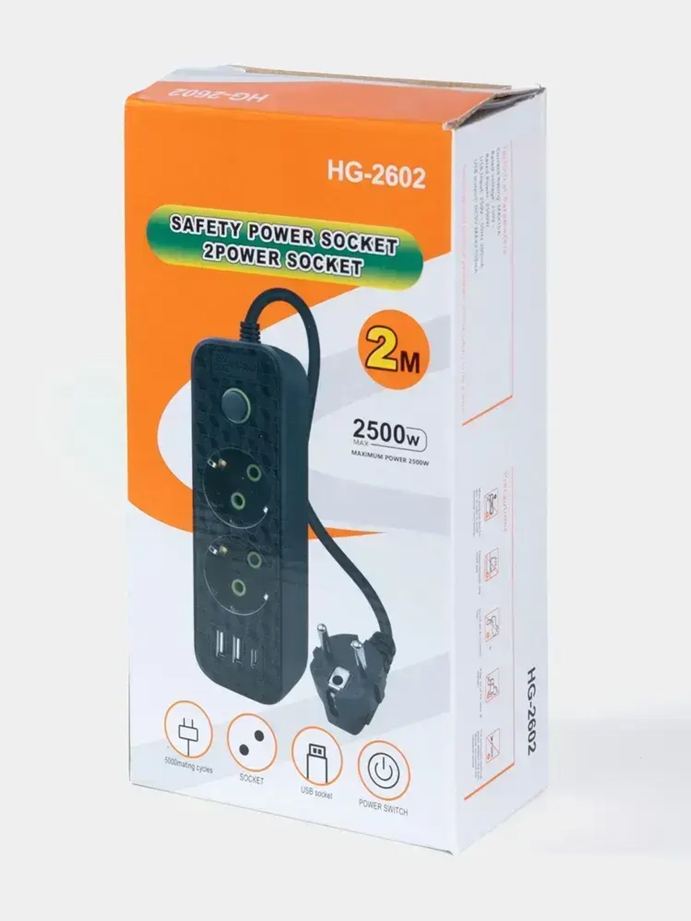 Удлинитель сетевой фильтр c 2 розетки 2 usb + Type-C, 2м