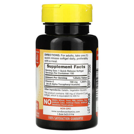 Витамин Е Sundance Vitamins, Витамин E, высокая эффективность, 180 мг (400 МЕ), 100 капсул быстрого высвобождения