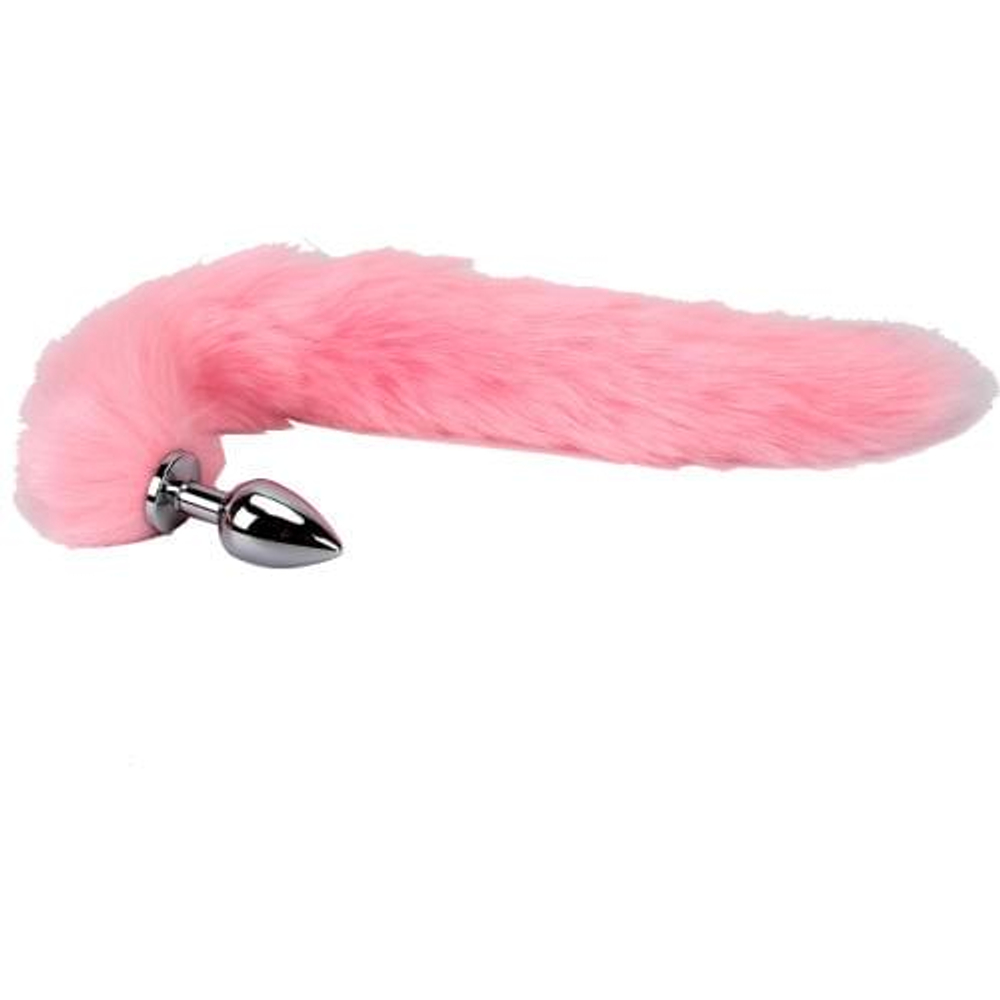 Серебристая анальная пробка с длинным нежно-розовым хвостом (Цвет: нежно-розовый)