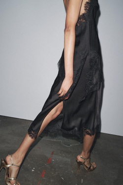 ZARA АТЛАСНАЯ КРУЖЕВНАЯ ЮБКА ZW COLLECTION, ЧЕРНЫЙ