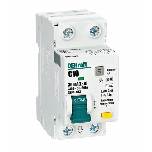 Дифференциальный автомат ДИФ-103 электронный C10А 30мА тип АС 1P+N 4,5кА DEKraft (дифавтомат, АВДТ) 16051DEK