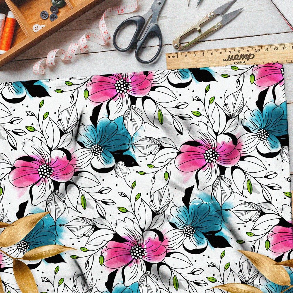 Ткань поплин графические цветы