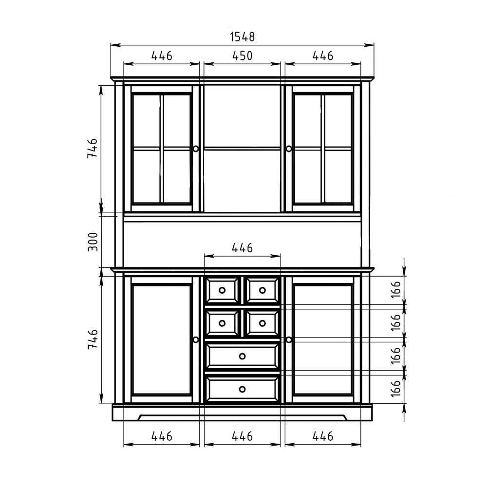 Буфет, 155х41х202, Лэйквью, для кухни и гостиной, деревянный с 4 дверями, из массива дерева, серый, MAKOSA