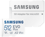 Карта памяти Samsung EVO Plus microSDXC 512 ГБ Class 10, V30, A2, UHS-I U3, R 130 МБ/с, адаптер на SD
