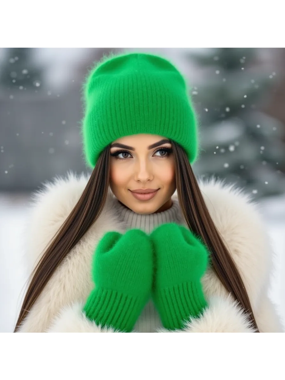 шапка вязаная бини ангора теплая демисезонная с отворотом