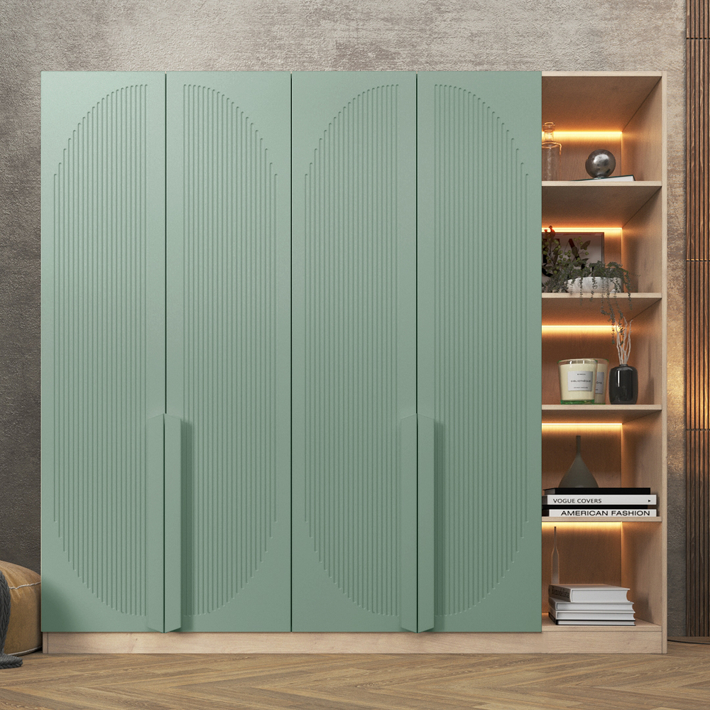 Шкаф Агератум МДФ четырехсекционный с стеллажом Лайн шалфей (0,27) А10024 матовая - Дуб Сонома 3025  240*45*240