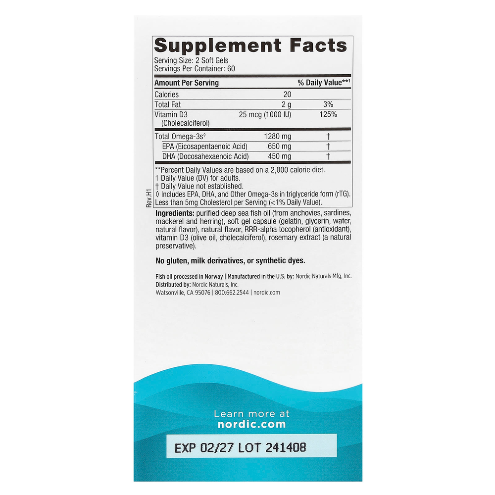 Nordic Naturals, Ultimate Omega®-D3, омега-3 и витамин D3, со вкусом лимона, 120 капсул