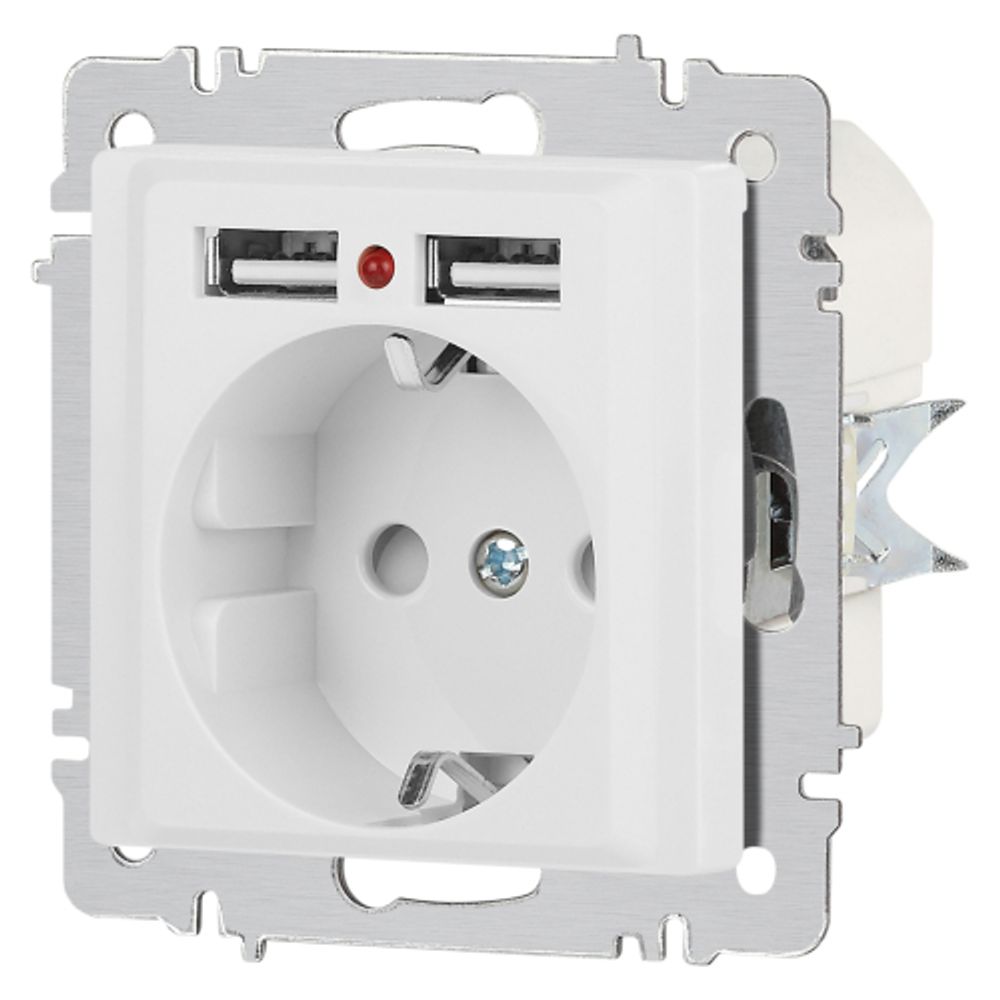 Розетка Intro Accent 6-410-01М с заземлением 2P+E Schuko со шторками 16А-250В + 2хUSB IP20 СУ белый матовый