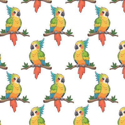 Милый попугай на ветке с листьями