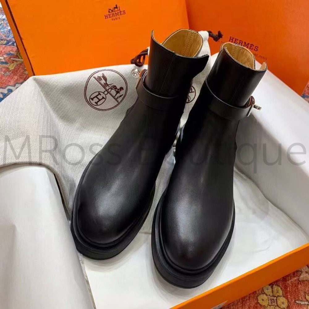 Женские ботинки Hermes Veo кожаные в черном цвете