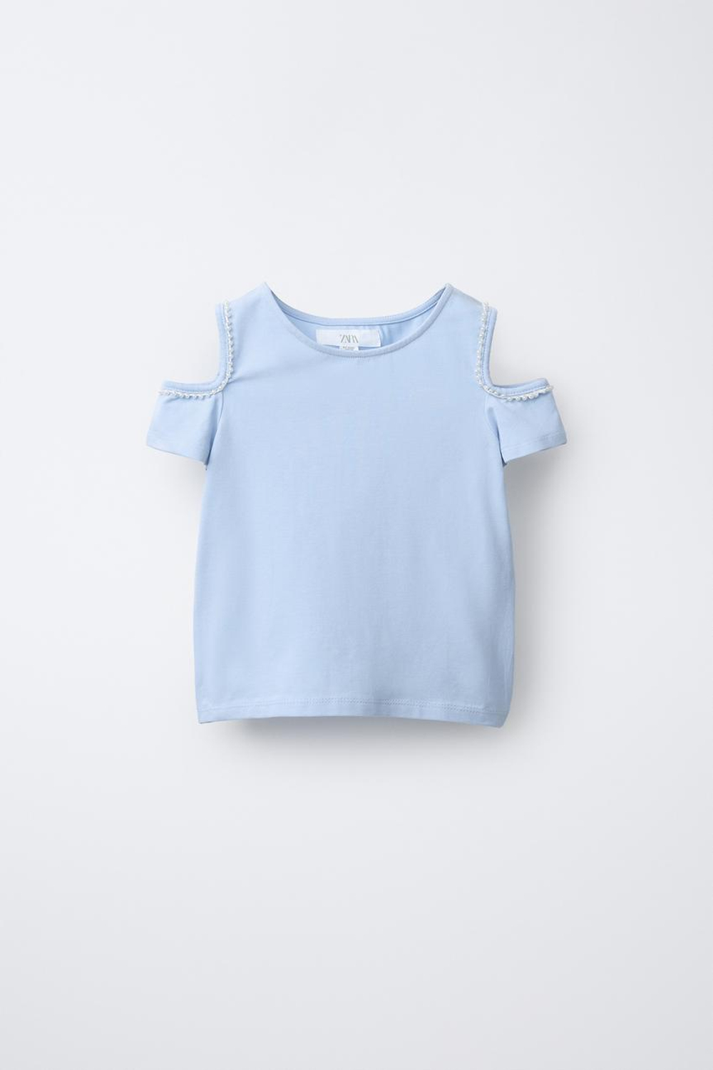 ZARA ФУТБОЛКА С ЖЕМЧУЖИНАМИ, ГОЛУБОЙ