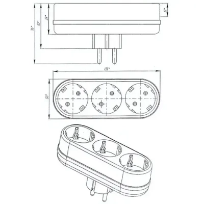 Тройник Toker 3L3 10/16A с/з плоский белый