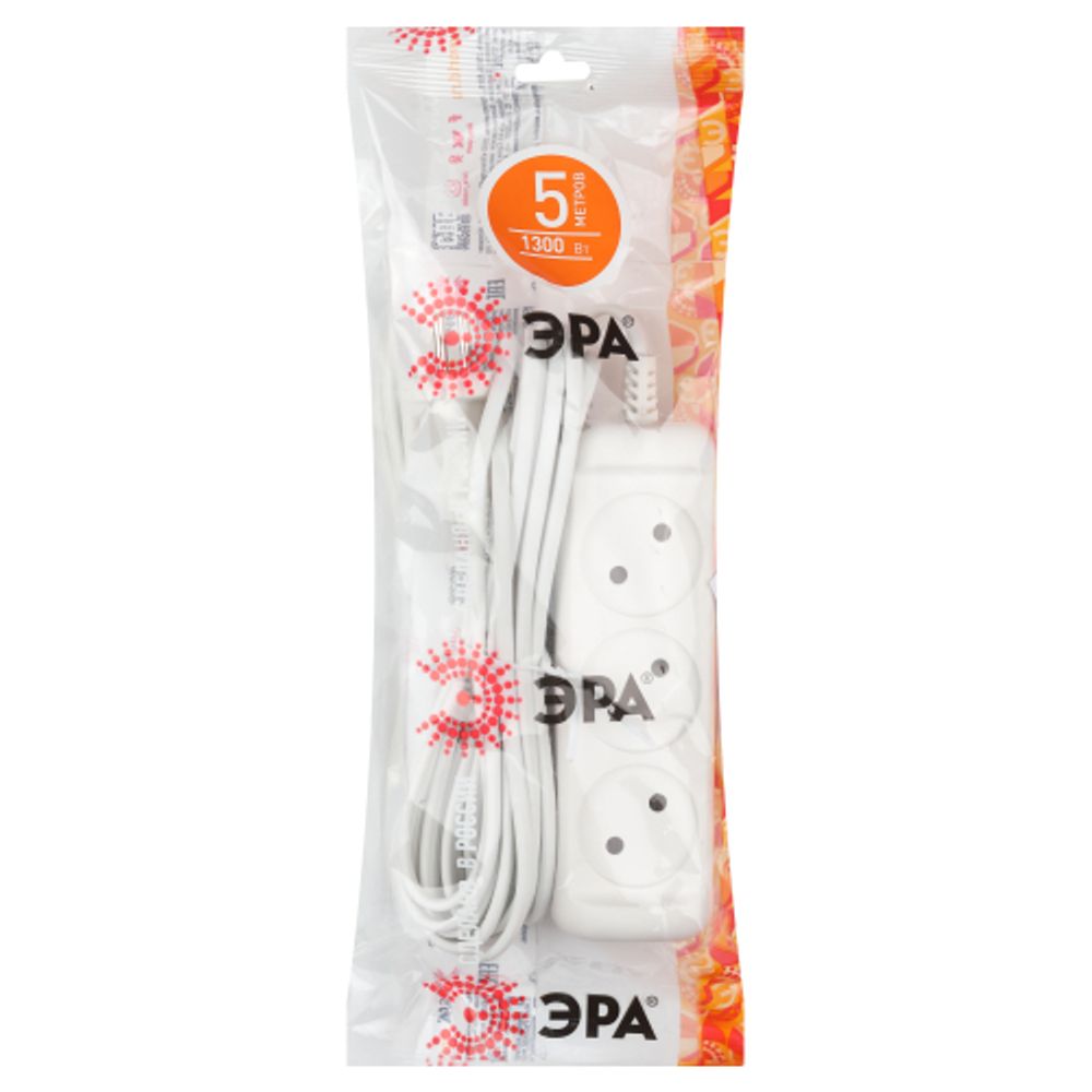 Удлинитель электрический ЭРА UX-3-5m без заземления 3 розетки 5м ШВВП 2x0,75мм2 6А | Бытовые удлинители