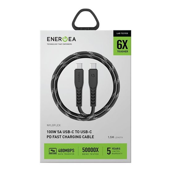 Кабель Energea NyloFlex, USB-C to USB-C 5A 1.5M, Черный | Black