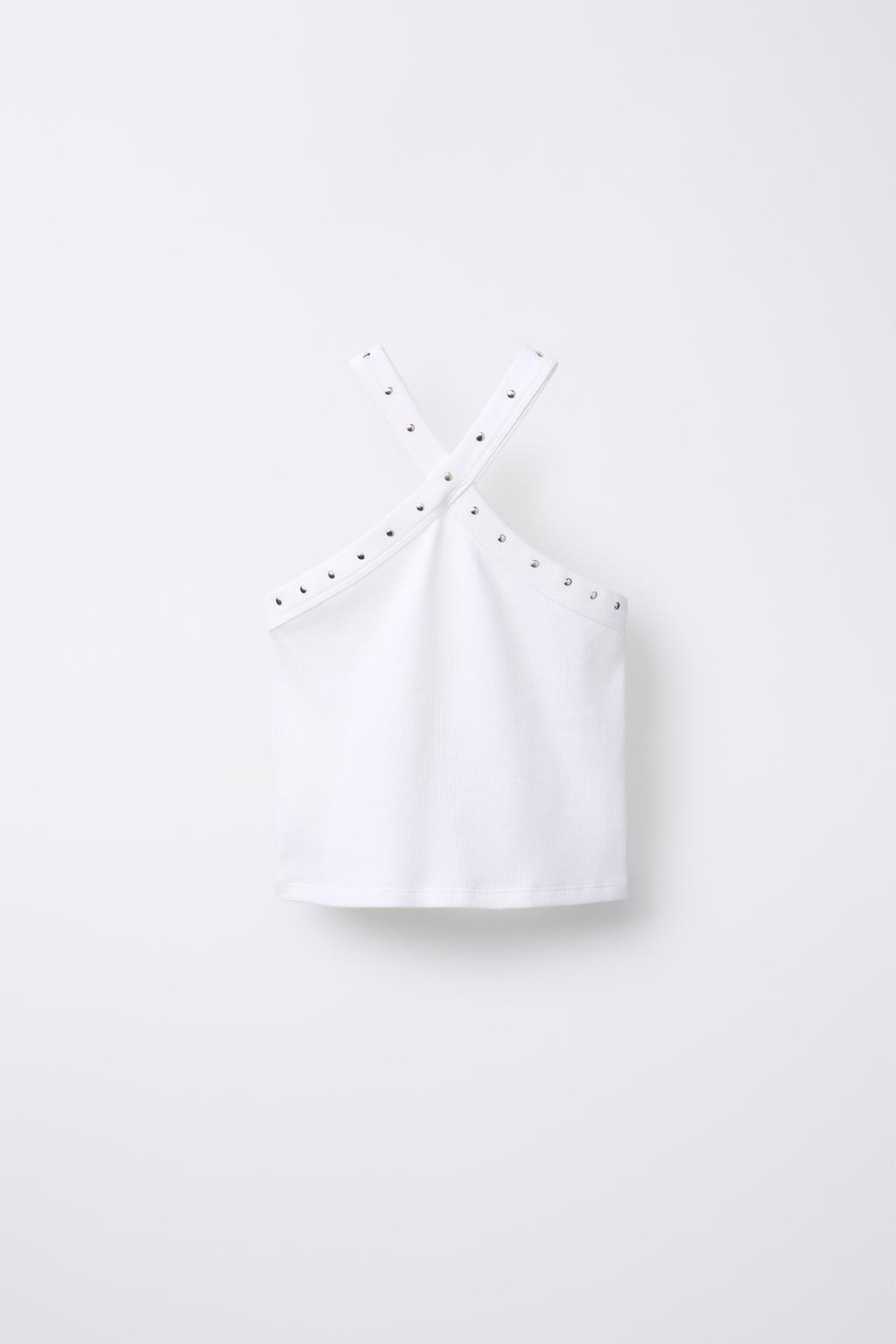 ZARA ТОП В РУБЧИК С ГОРЛОВИНОЙ ХАЛТЕР И ЗАКЛЕПКАМИ, БЕЛЫЙ
