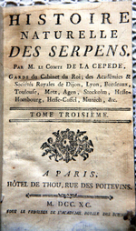 "Histoire naturelle des serpens  (Естественная история змей)". Par M. le Comte De lA Cepede (Г-н граф де ла Сепеде). 1790 г. - антикварное издание