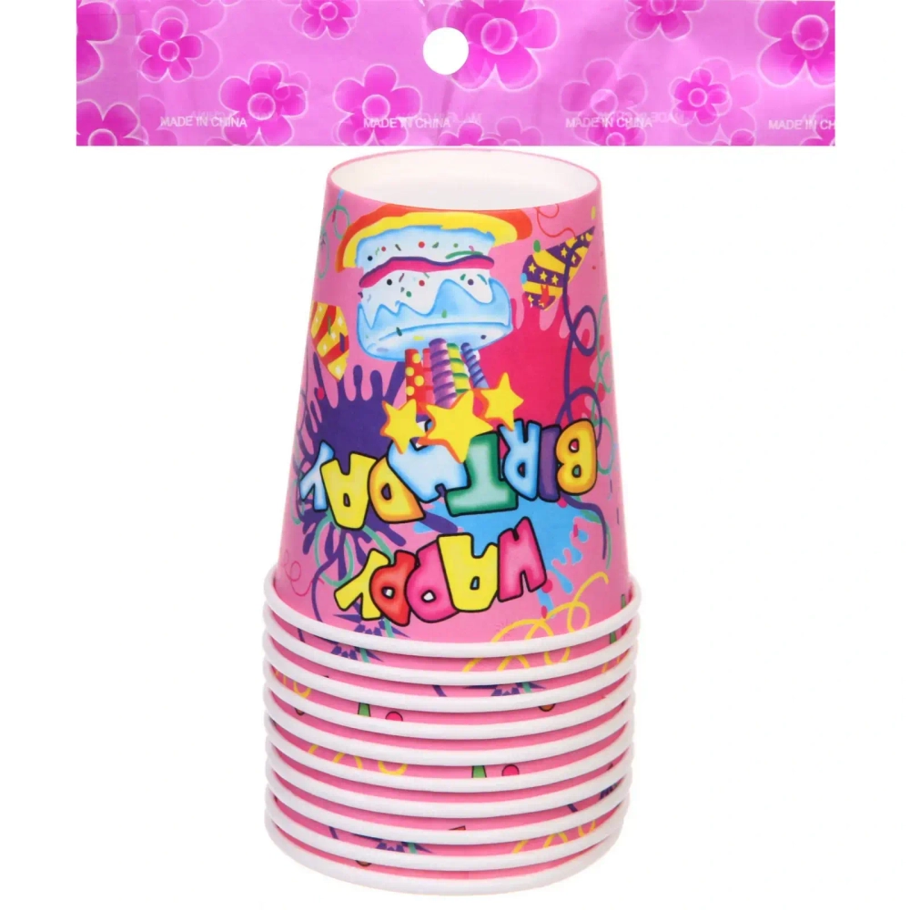 Стакан бумажный 0,2л в наборе 10 шт «HAPPY B-DAY!», Розовый