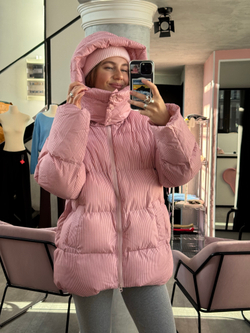 Пуховик Рокет миди розовый в полоску