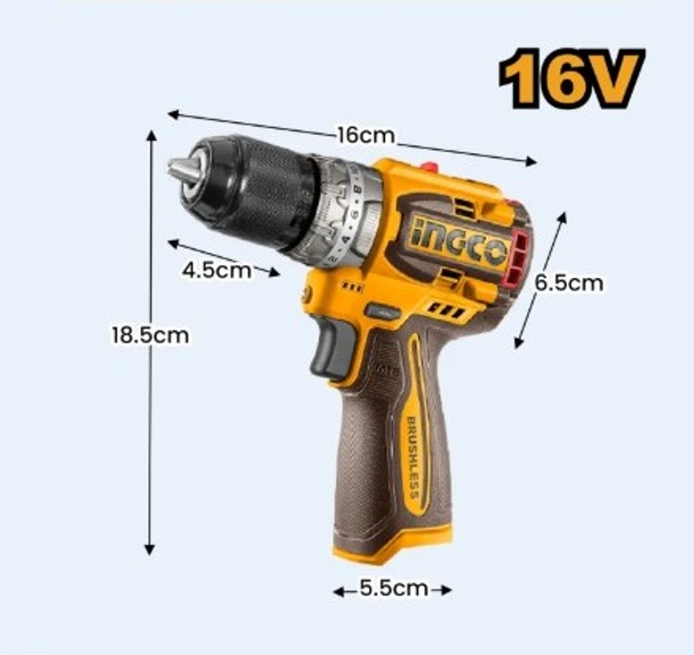 Аккумуляторный ударный бесщеточный шуруповерт INGCO CIDLI16682 INDUSTRIAL 16 В 60 Нм 22+1+1