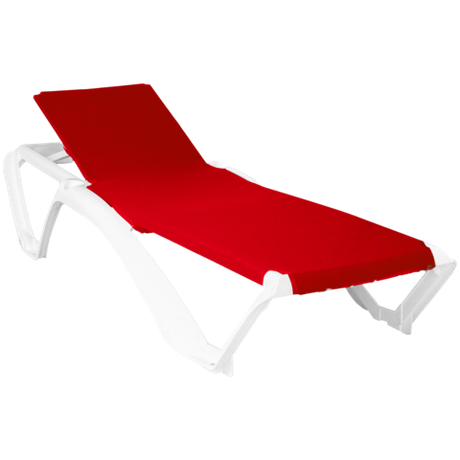 Шезлонг пластиковый с подстаканниками и гипоаллергенной тканью "МАЙАМИ". Цвет: Белый с красной тканью.