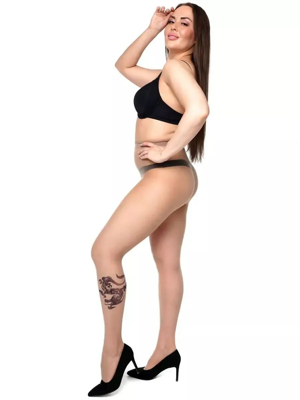 Колготки +size с черным принтом в виде дракона (Размер: XL-XXL-XXXL) (Цвет: бежевый)