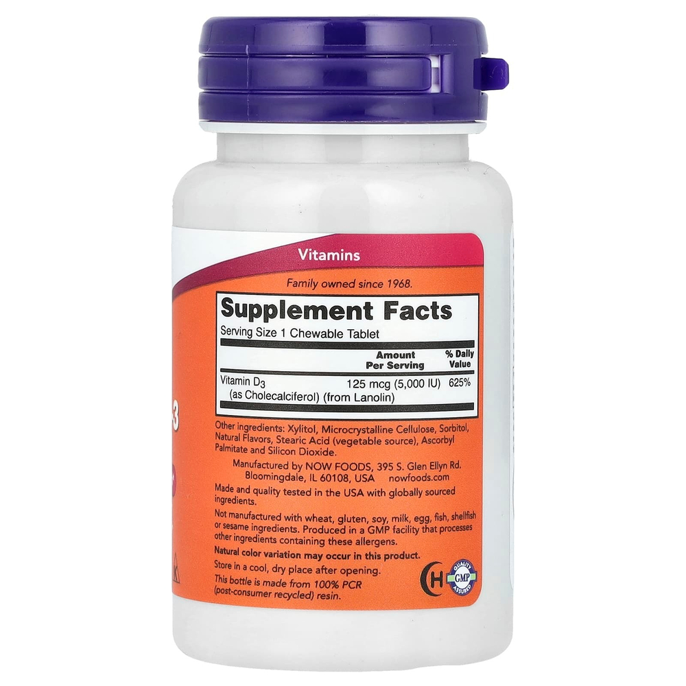 NOW Foods, жевательный витамин D3, натуральный мятный вкус, 5000 МЕ, 120 жевательных таблеток