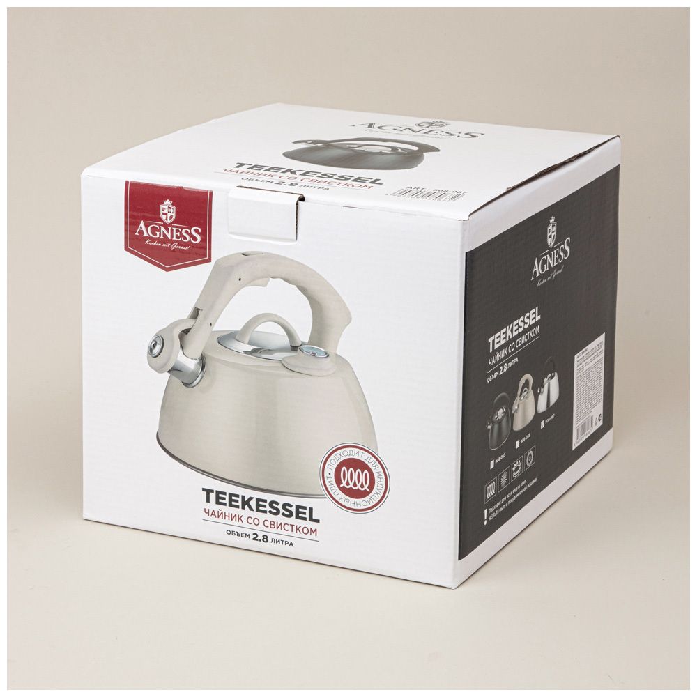 ЧАЙНИК AGNESS СО СВИСТКОМ, 2,80Л ТЕРМОАККУМУЛИРУЮЩЕЕ ДНО,ИНДУКЦИЯ,ВСТРОЕННЫЙ ТЕРМОМЕТР