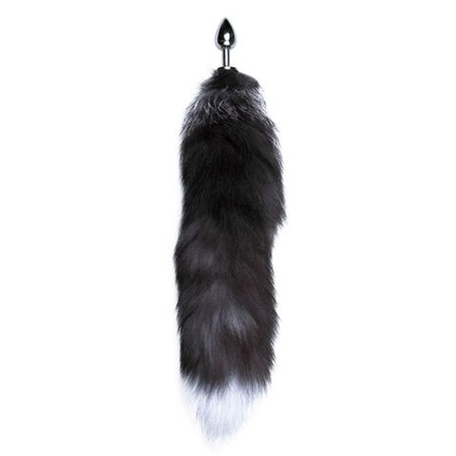 Серебристая анальная пробка с темным лисьим хвостом Black & White Fox Tail Size S